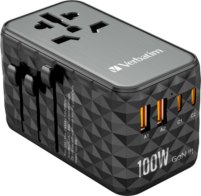 Ładowarka sieciowa Verbatim Travel Adapter 100W 2 x USB-C, 2 x USB-A UTA-06 Black (23942321217) - obraz 1