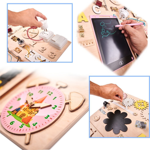 Tablica sensoryczno-manipulacyjna Ikonka drewniana z różowym zegarem 75 x 50 cm (5901549533866) - obraz 7