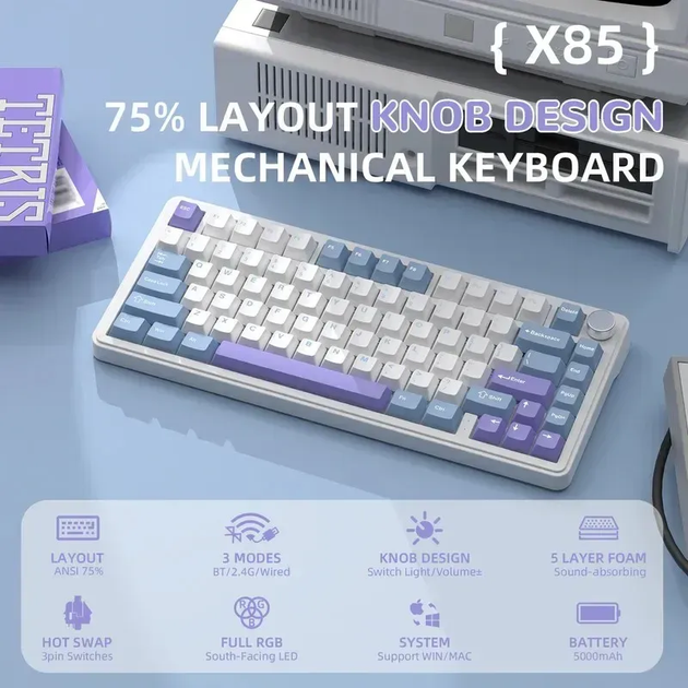 Игровая беспроводная механическая клавиатура ATTACK SHARK X85 / Три режима подключения / White Jade Switch / White - изображение 3