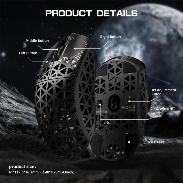 Ігрова мишка ATTACK SHARK R5 Ultra / Три режими підключення / PAW3950MAX / Carbon Fiber / 39 г / Black - зображення 4