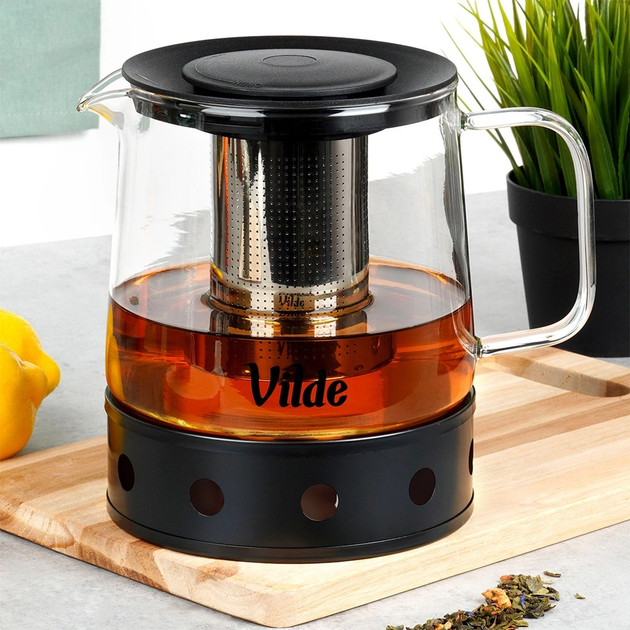 Чайник для заварювання Vilde скляний з заварником і підігрівачем Прозорий 1.5 л (5904316491772) - зображення 4