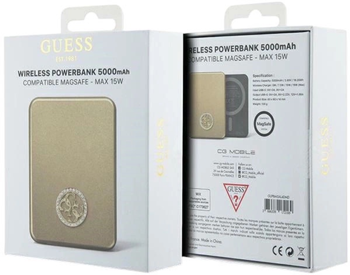 Powerbank Guess MagSafe 4G Strassed Metal Logo 5000mAh 15W USB-C Gold (3666339172169) - obraz 5