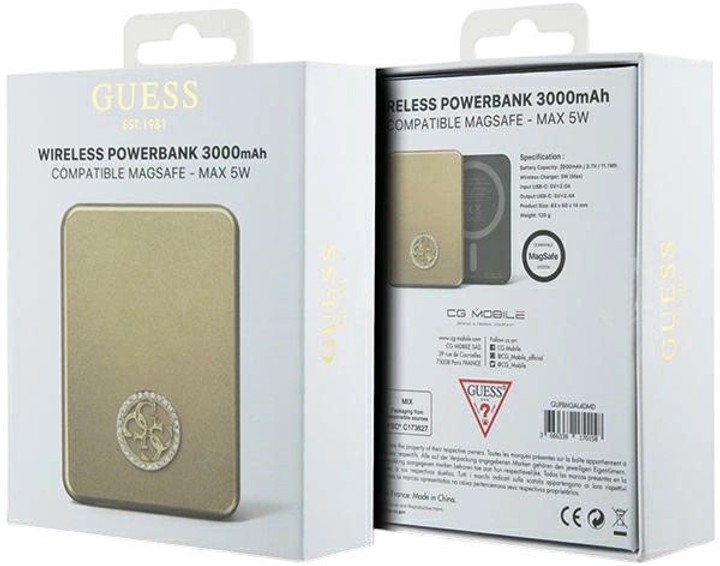 Powerbank Guess MagSafe 4G Strassed Metal Logo 3000mAh 5W USB-C Gold (3666339170158) - obraz 5