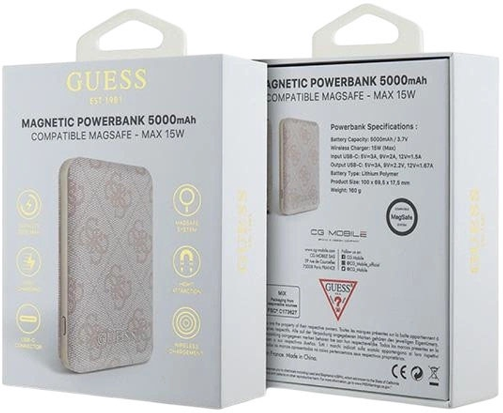Powerbank Guess 4G Leather Metal Logo MagSafe 5000mAh 15W USB-C Pink (3666339210595) - obraz 4