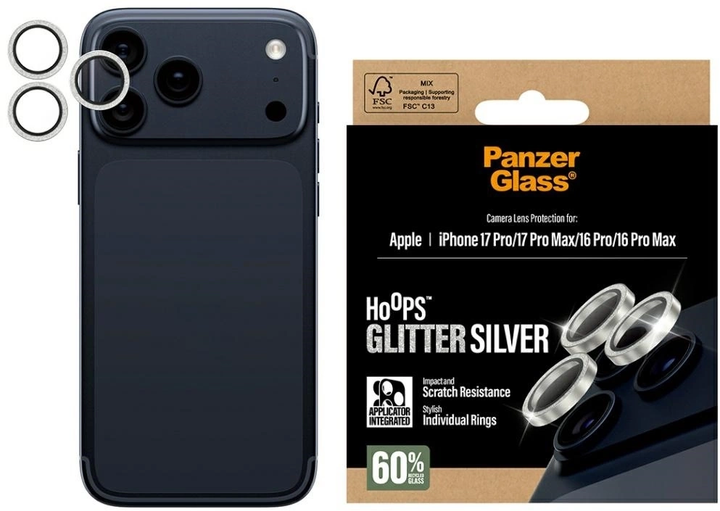 Захисне скло Panzer Glass Hoops Glitter для Apple iPhone 17 Pro / 17 Pro Max / 16 Pro / 16 Pro Max Silver (5715685027321) - зображення 1