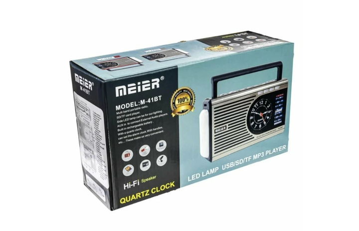 Радіоприймач Meier Bluetooth у ретро стилі з годинником та фонариком, FM AM SW, USB, SD, microSD, AUX, акумуляторний та мережевий - зображення 7