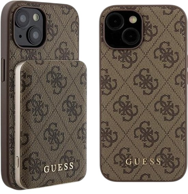 Комплект Guess Case 4G Metal Logo for iPhone 15 + Powerbank 5000mAh MagSafe Brown (GUBPM5P15S4GEMGW) - зображення 1