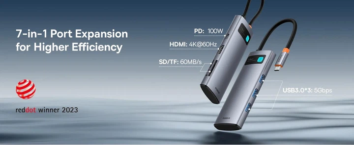 Хаб Baseus 7в1 (3xUSB3.0+4KHD 30гц +Type-C PD+TF+SD) для Macbook/Windows/Android - зображення 4