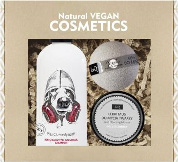 Набір косметики для догляду LaQ Natural Vegan Cosmetics Шампунь i гель для вмивання Music Пес 300 мл + Пінка для вмивання натуральна 40 г + Бомбочка для ванни 120 г (5905778573792) - зображення 1