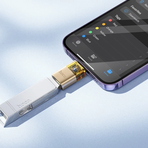 Адаптер Hoco UA36 - переходник iPhone Lightning (папа) to USB (мама) OTG transparent adapter Gold - изображение 2