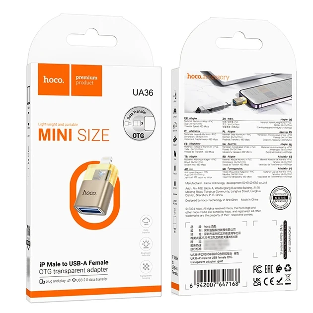 Адаптер Hoco UA36 - переходник iPhone Lightning (папа) to USB (мама) OTG transparent adapter Gold - изображение 3