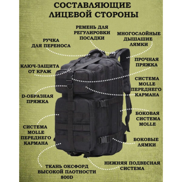 Tactic 1000D тактический рюкзак для военных, охоты, рыбалки, туристических походов, скалолазания, путешествий и спорта . Цвет: черный - изображение 8