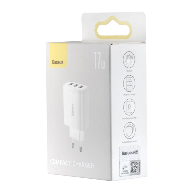 МЗП Baseus Compact Charger 3U 17W EU Білий - изображение 2