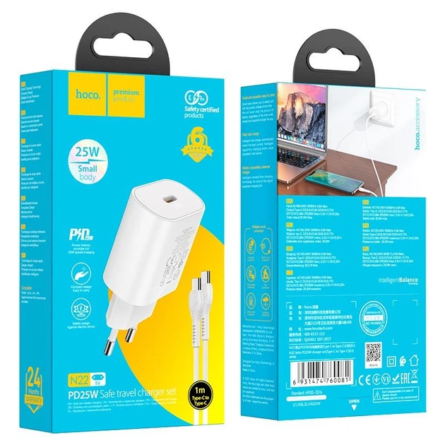 МЗП Hoco N22 Jetta PD25W charger set ( Type-C to Type-C ) ( EU ) Білий - Фото 3 МЗП Hoco N22 Jetta PD25W charger set ( Type-C to Type-C ) ( EU ) Білий - изображение 3