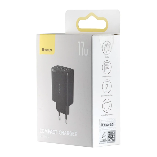 МЗП Baseus Compact Charger 3U 17W EU Чорний - Фото 2 МЗП Baseus Compact Charger 3U 17W EU Чорний - изображение 2