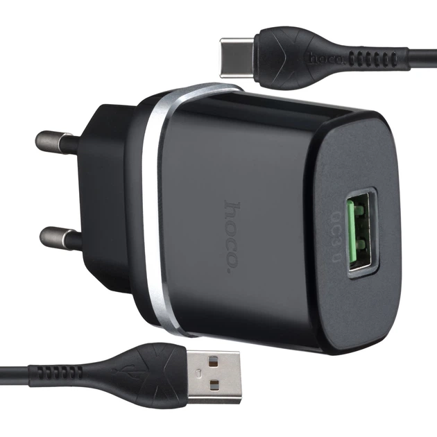 МЗП Hoco C12Q Smart QC3.0 charger set ( Type-C ) ( EU ) Чорний - Фото 1 МЗП Hoco C12Q Smart QC3.0 charger set ( Type-C ) ( EU ) Чорний - изображение 1