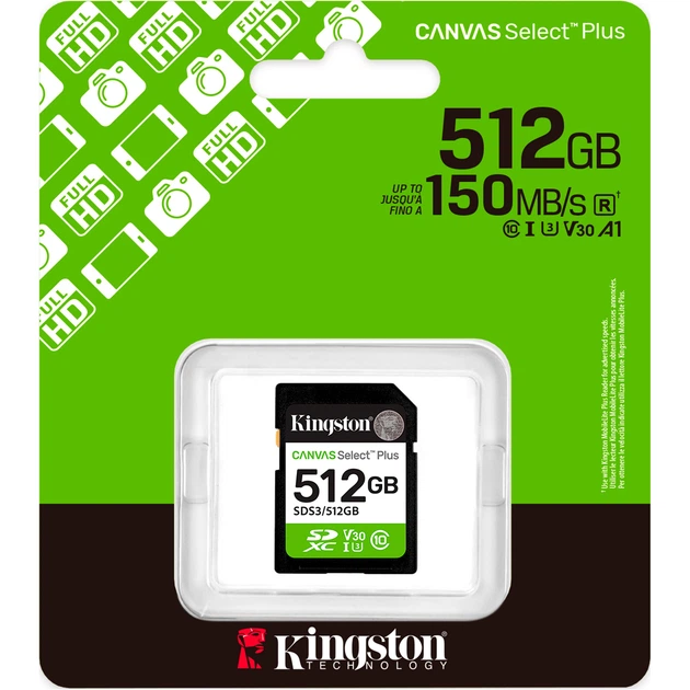 Карта памяти SDXC Kingston Canvas Select Plus Gen3 512GB C10 U3 V30 R 150Mb/s W 100Mb/s Black (SDS3/512GB) - изображение 3