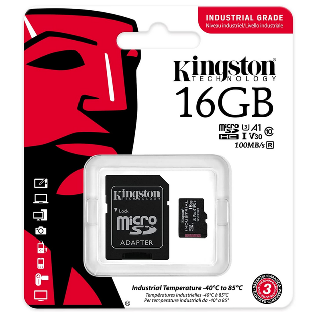 Карта памяти с адаптером microSDHC Kingston Industrial 16GB C10 A1 U3 V30 R 100Mb/s W 80Mb/s Black (SDCIT2/16GB) - Фото 2 Карта памяти с адаптером microSDHC Kingston Industrial 16GB C10 A1 U3 V30 R 100Mb/s W 80Mb/s Black (SDCIT2/16GB) - изображение 2