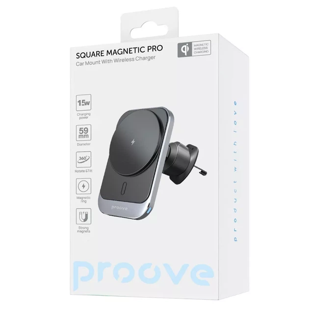 Автодержатель с Беспроводной Зарядкой Proove Square Magnetic Pro 15W / Металический-серый - Фото 2 Автодержатель с Беспроводной Зарядкой Proove Square Magnetic Pro 15W / Металический-серый - изображение 2