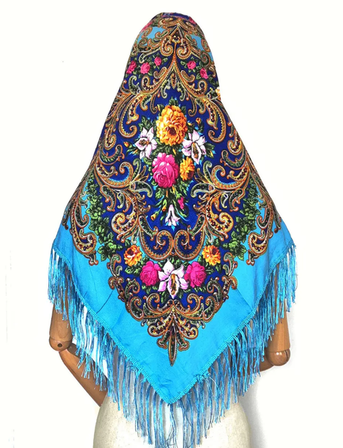 Українська народна хустка Марта візерунок 110*110 см блакитна - Фото 2 Українська народна хустка Марта візерунок 110*110 см блакитна - зображення 2