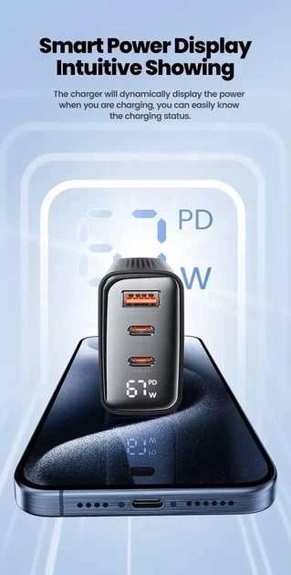 Быстрая зарядка Toocki GaN 67W с LED-дисплеем 3 порта (2 USB-C + 1 USB-A, QC 4.0, PD 3.0 для ноутбука Сетевое Зарядное устройство - изображение 5