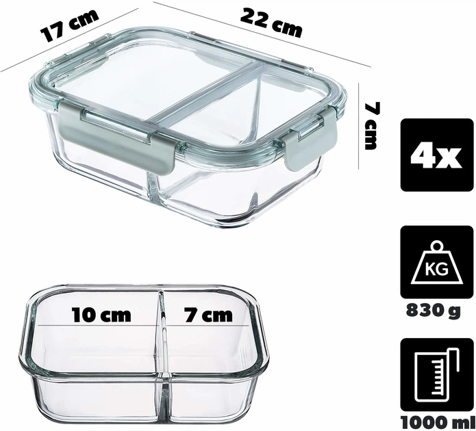 Zestaw szklanych pojemników Kadax Roatta z przegrodkami 4x1000 ml (5906638309223) - obraz 2