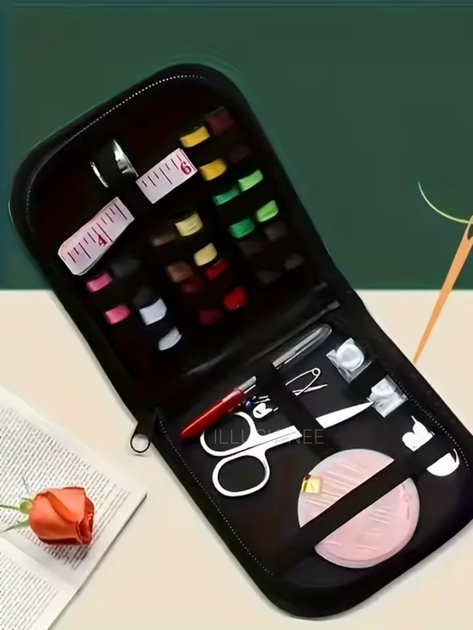 Швейный набор дорожный 3DTOYSLAMP 43 предмета подарочный комплект принадлежностей для шитья рукоделия ремонта одежды с нитками иголками ножницами сантиметром напёрстком булавками шпульками для путешествий дома офиса портативный компактный чёрный - изображение 7