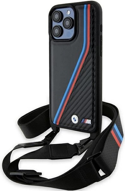 Панель BMW M Edition Carbon Tricolor Lines & Strap для Apple iPhone 15 Pro Max Black (BMHCP15X23PSVTK) - зображення 1