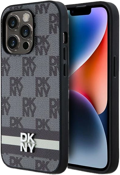 Панель DKNY Leather Checkered Mono Pattern & Printed Stripes для Apple iPhone 14 Pro Black (3666339263171) - зображення 1