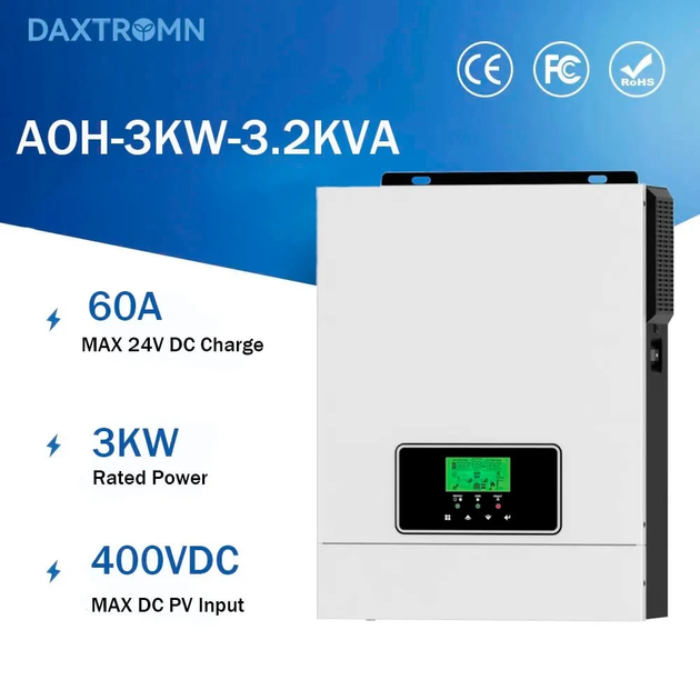 Гібридний інвертор Daxtromn AOH-3.2KVA, 24 В, 60 А, 3000 Вт (безперебійник, UPS, ДБЖ) - Фото 4 Гібридний інвертор Daxtromn AOH-3.2KVA, 24 В, 60 А, 3000 Вт (безперебійник, UPS, ДБЖ) - изображение 4