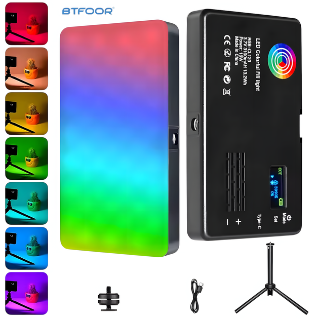 Беспроводной накамерный видеосвет W140RGB с треногой и башмаком Аккумуляторная LED лампа CRI95+ 3100 мАч 20 RGB-режимов для съемки - изображение 2