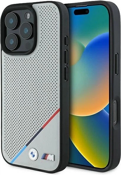 Панель BMW M Perforated Tricolor Line MagSafe для Apple iPhone 16 Pro Gray (BMHMP16L23PUPDG) - зображення 1