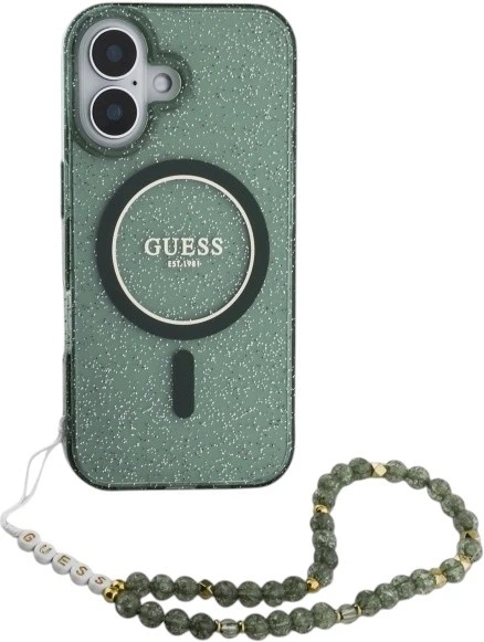 Etui Guess IML Glitter With Pearl Strap MagSafe do Apple iPhone 16 Plus Green (GUHMP16MHGCRELSA) - obraz 1