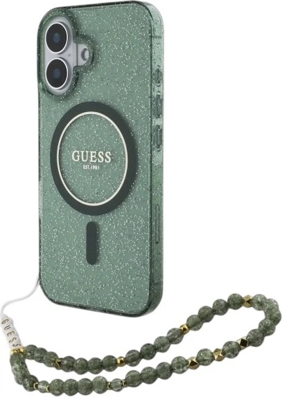 Etui Guess IML Glitter With Pearl Strap MagSafe do Apple iPhone 16 Plus Green (GUHMP16MHGCRELSA) - obraz 2
