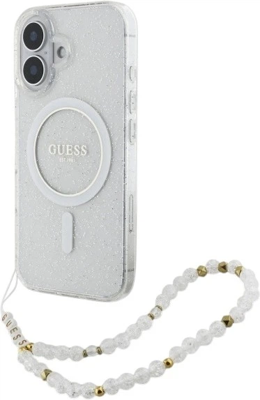 Etui Guess IML Glitter With Pearl Strap MagSafe do Apple iPhone 16 Plus Transparent (GUHMP16MHGCRELST) - obraz 2