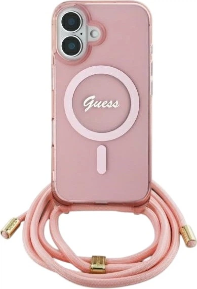 Etui Guess Crossbody Cord Script MagSafe do Apple iPhone 16 Pink (GUHMP16SHCTSGNSP) - obraz 1
