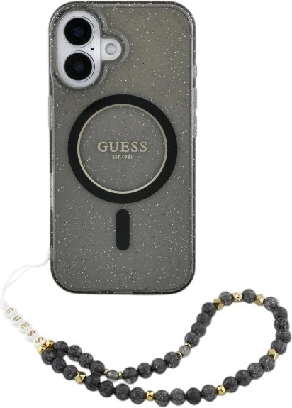 Etui Guess IML Glitter With Pearl Strap MagSafe do Apple iPhone 16 Black (GUHMP16SHGCRELSK) - obraz 1