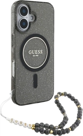 Etui Guess IML Glitter With Pearl Strap MagSafe do Apple iPhone 16 Black (GUHMP16SHGCRELSK) - obraz 3