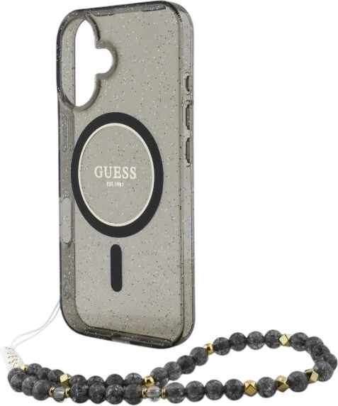 Etui Guess IML Glitter With Pearl Strap MagSafe do Apple iPhone 16 Black (GUHMP16SHGCRELSK) - obraz 5