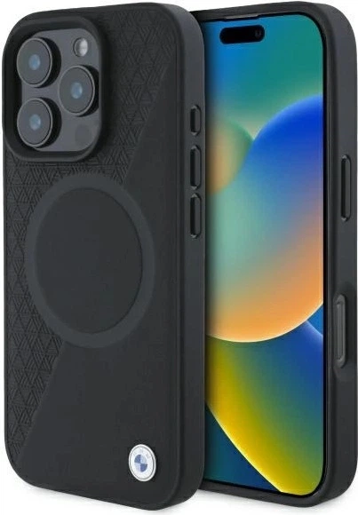 Etui plecki BMW Sign Leather Half Textured And Circle MagSafe do Apple iPhone 16 Pro Max Black (BMHMP16X23RTPK) - obraz 1