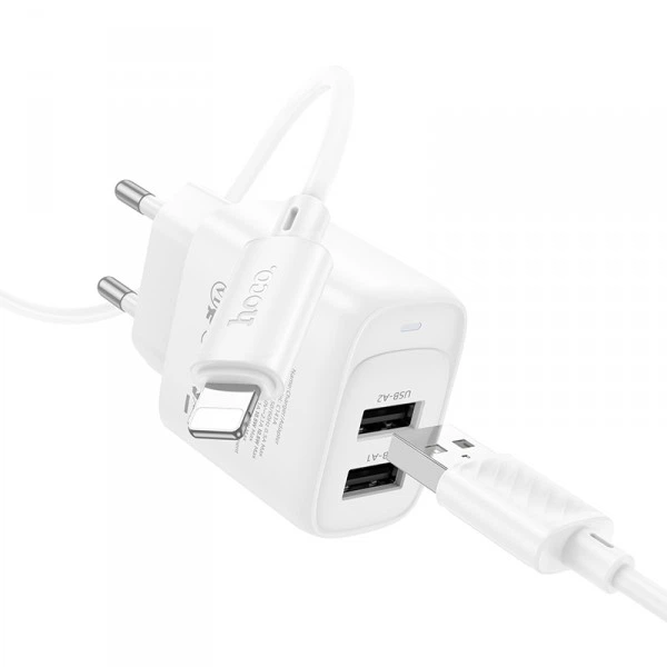 Сітчастий зарядний пристрій з кабелем HOCO C141A Smart dual-port charger set(iP) White (6942007627870) (501) - Фото 3 Сітчастий зарядний пристрій з кабелем HOCO C141A Smart dual-port charger set(iP) White (6942007627870) (501) - зображення 3