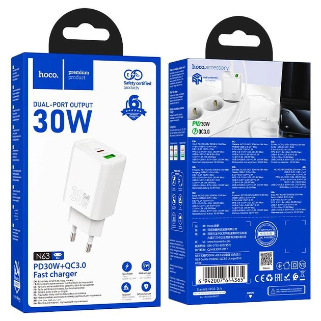 Адаптер сетевой HOCO Gentle charger N63 |1USB/1Type-C, 30W/3A - Фото 2 Адаптер сетевой HOCO Gentle charger N63 |1USB/1Type-C, 30W/3A - изображение 2