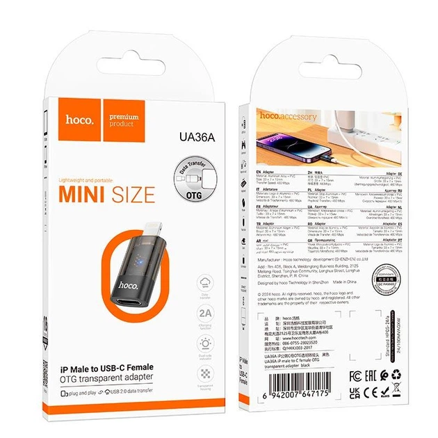Перехідник HOCO iP male to C female OTG transparent adapter UA36A | 480Mbps, 2A | - зображення 2