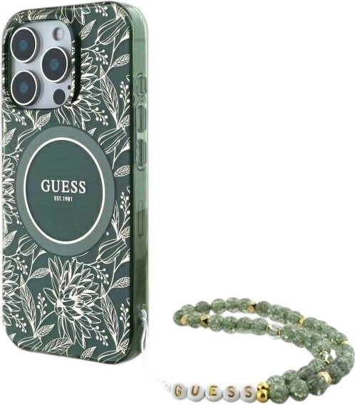 Etui Guess IML Flowers Allover Electro With Pearl Strap MagSafe do Apple iPhone 16 Pro Max Green (GUHMP16XHCPOFPA) - obraz 2
