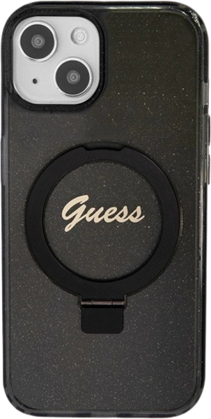Etui plecki Guess Ring Stand Script Glitter MagSafe do Apple iPhone 13/14/15 Black (3666339156251) - obraz 1