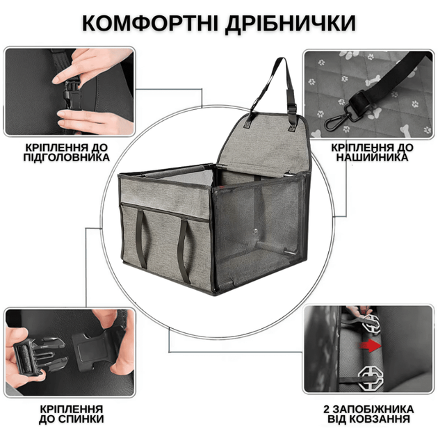 Сумка Переноска в Авто для Собак і Котів Каркасна 12 Трубок Сидіння Автокрісло Складне в Машину для Транспортування Тварин Сіре - зображення 11