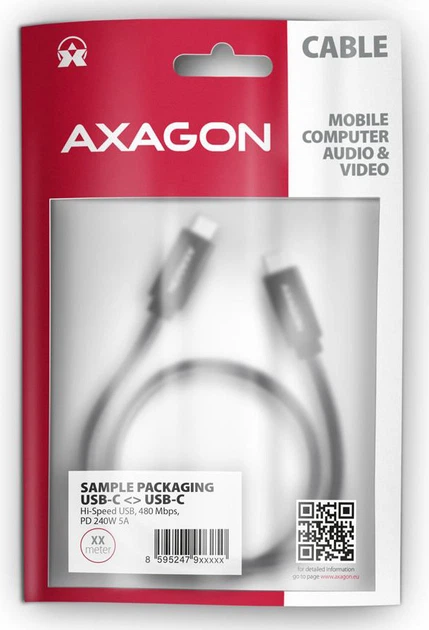 Кабель Axagon USB-C - USB-C 2.0, PD 240 Вт, 5А, 1 м Black BUCM2-CM10AB (8595247907394) - зображення 2