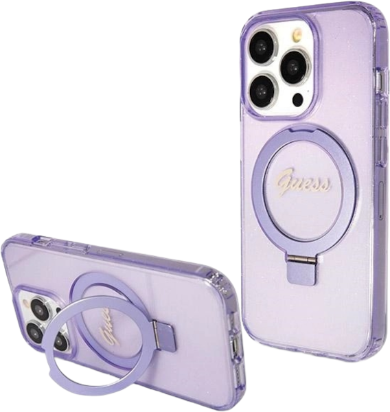 Etui plecki Guess Ring Stand Script Glitter MagSafe do Apple iPhone 14 Pro Purple (3666339156725) - obraz 2