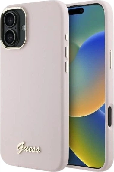 Панель Guess Silicone Script Metal Logo & Frame для Apple iPhone 16 Plus Pink (GUHCP16MSMBSLP) - зображення 1