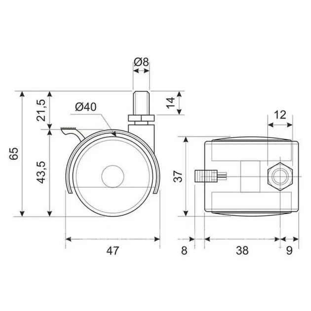 Меблевий ролик (опора колесна) DC з різьбленням, гальмом та штифтом М8 d-40мм чорний (RL0248) - Фото 2 Меблевий ролик (опора колесна) DC з різьбленням, гальмом та штифтом М8 d-40мм чорний (RL0248) - изображение 2